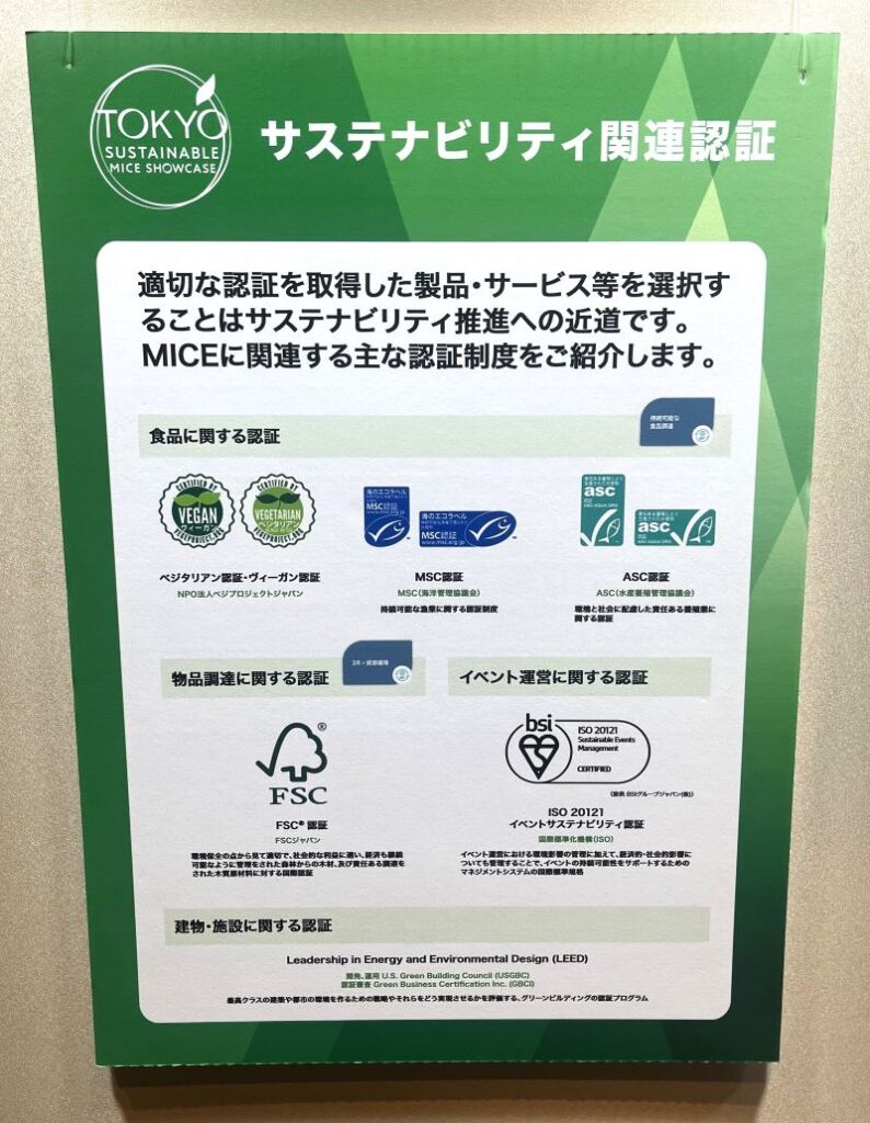 サステナビリティに関連した認証マークの紹介パネル。食品に関する認証マークとしてベジプロジェクトのヴィーガン認証マーク・ベジタリアン認証マークも掲載されている