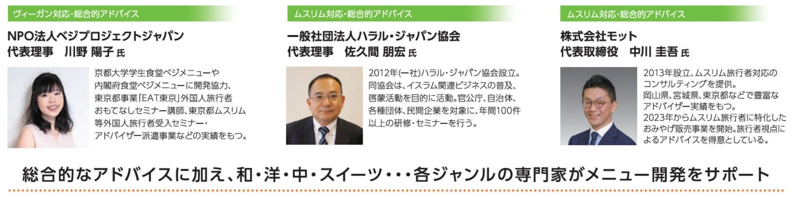 ヴィーガン・ムスリム対応メニュー開発をサポートする専門家。京都大学大学生食堂ベジメニューや内閣府食堂ベジメニューの開発協力、東京都事業にて外国人旅行者おもてなしセミナー講師やアドバイザー派遣事業の実績を持つNPO法人ベジプロジェクトジャパン川野陽子がヴィーガン対応に関する総合的なアドバイスを提供。